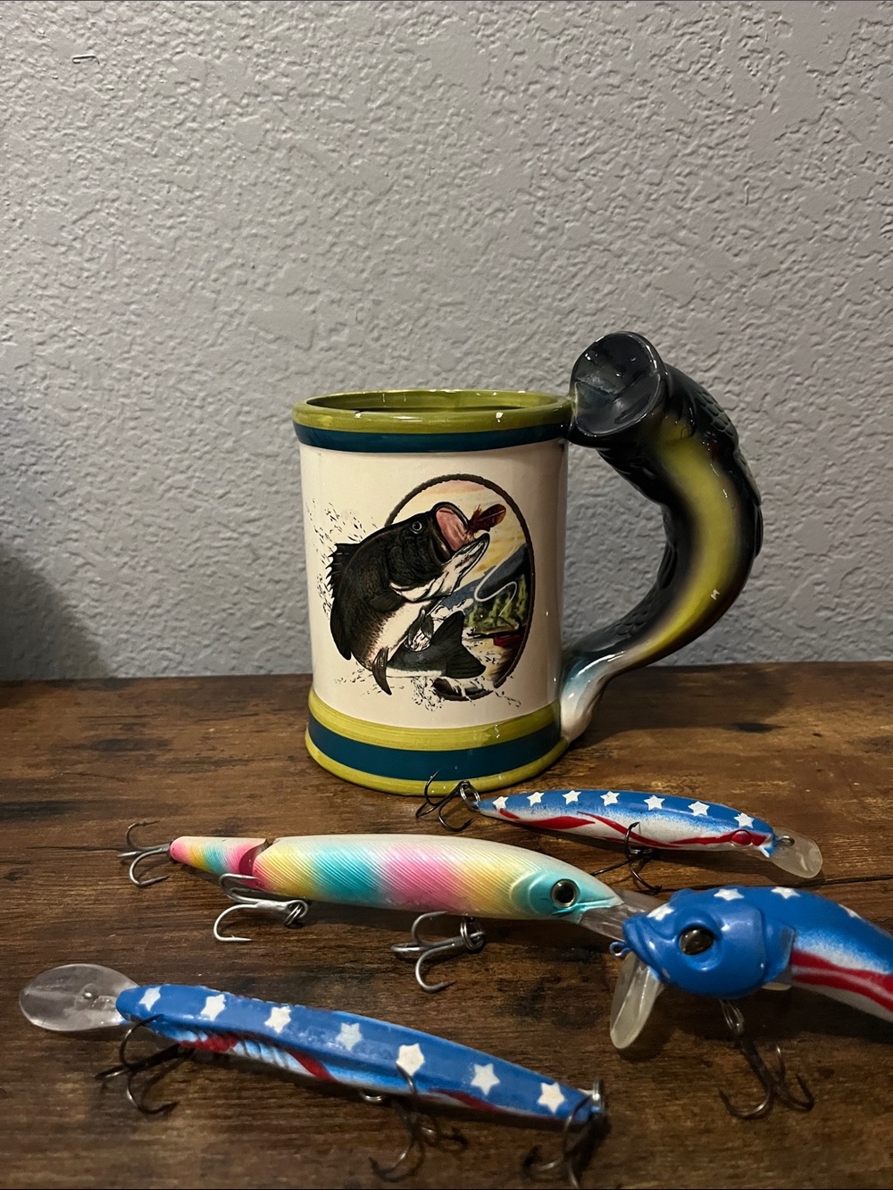 Fishing  Green and Black Fish-Handled Ceramic Mug & 4 lures ..
